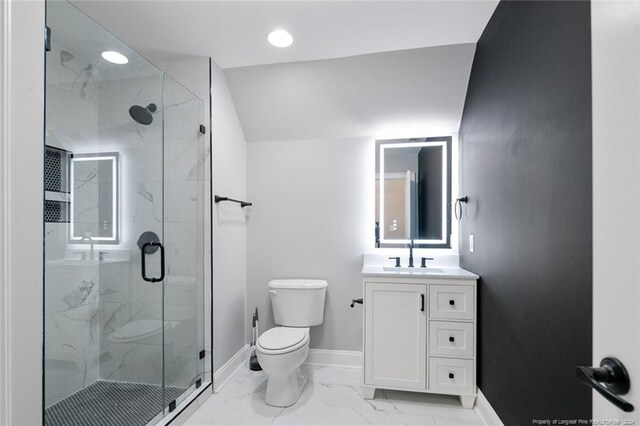 363 Kimberwicke Dr, Fayetteville, NC 28311 - bathroom featuring toilet, baseboards, a marble finish shower, marble finish floors, and vanity