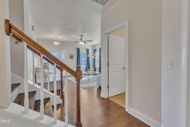 stairway featuring hardwood / wood-style floors and ceiling fan