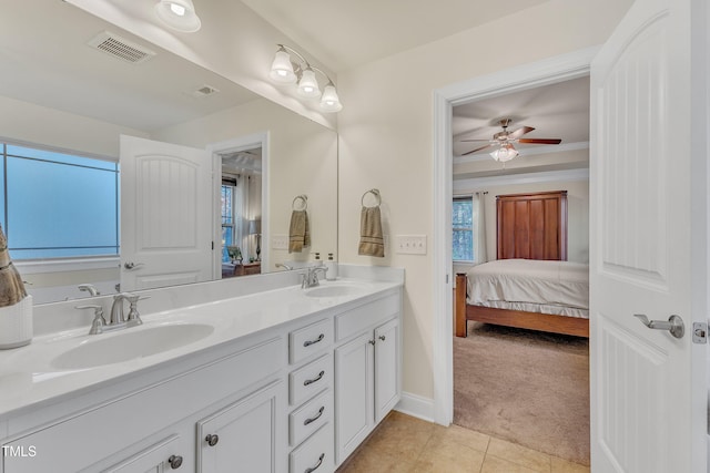 bathroom with vanity, tile patterned floors, and ceiling fan