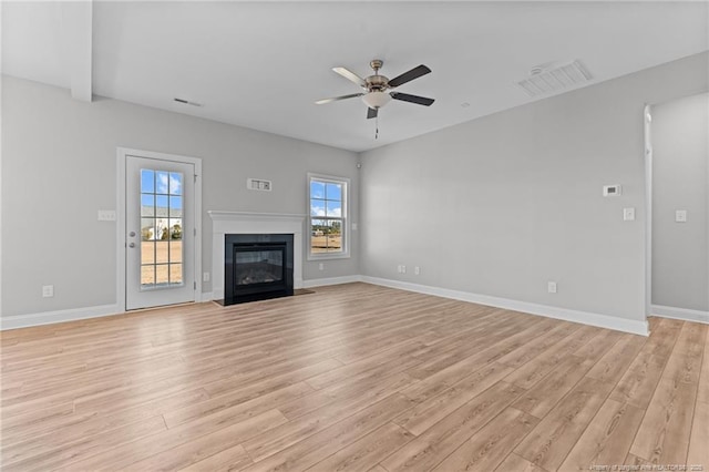 unfurnished living room featuring ceiling fan and light hardwood / wood-style floors