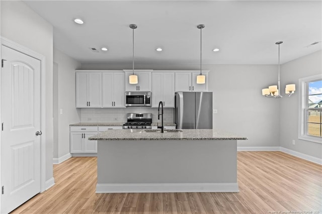 kitchen featuring appliances with stainless steel finishes, white cabinetry, sink, backsplash, and a center island with sink