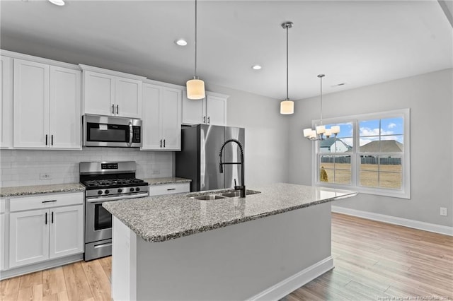 kitchen with appliances with stainless steel finishes, sink, white cabinets, pendant lighting, and a center island with sink