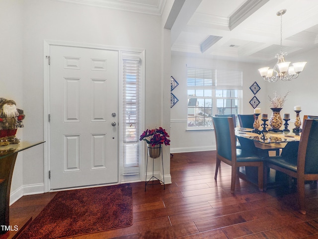 entrance foyer with beamed ceiling, dark hardwood / wood-style flooring, and plenty of natural light