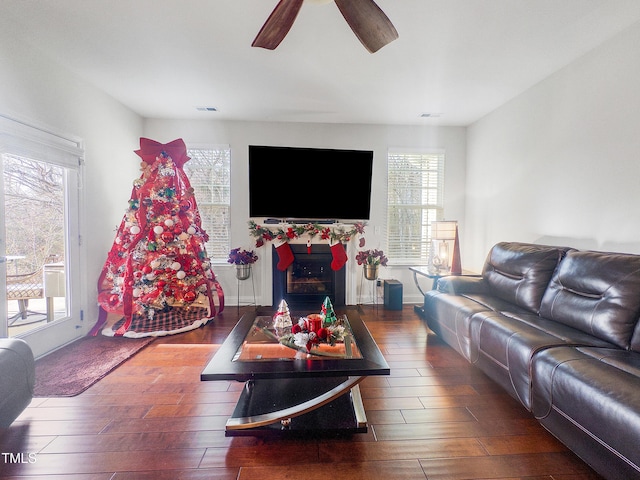 living room with dark hardwood / wood-style floors, ceiling fan, and a healthy amount of sunlight