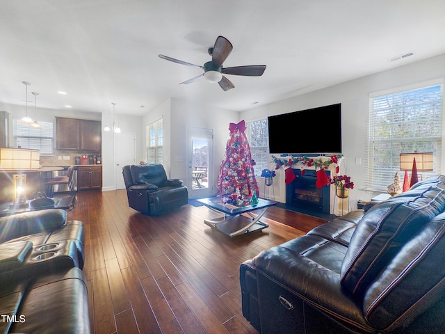 living room featuring ceiling fan with notable chandelier, plenty of natural light, and dark wood-type flooring