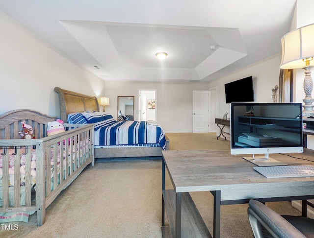 carpeted bedroom featuring a raised ceiling