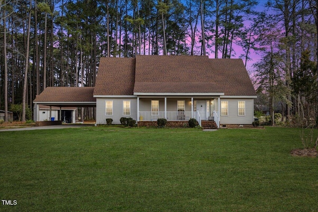 cape cod-style house featuring a carport, a porch, and a yard