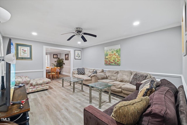 living room featuring ceiling fan, light wood-type flooring, and crown molding