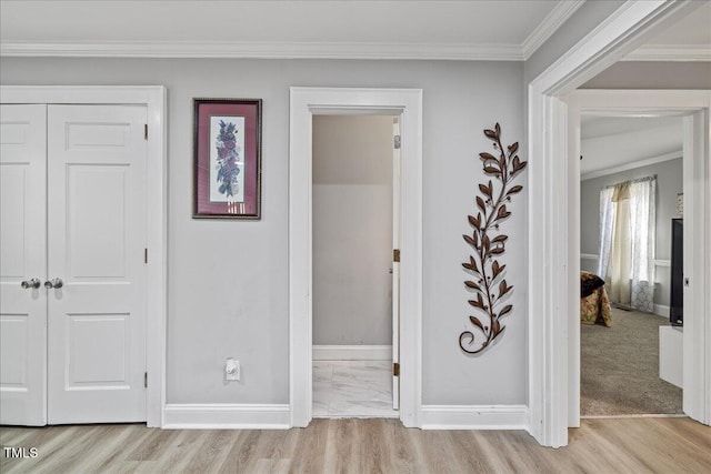 hallway featuring light hardwood / wood-style floors and crown molding