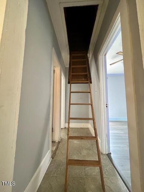 staircase featuring hardwood / wood-style floors and ornamental molding