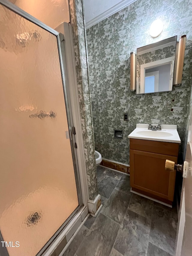 bathroom featuring vanity and an enclosed shower