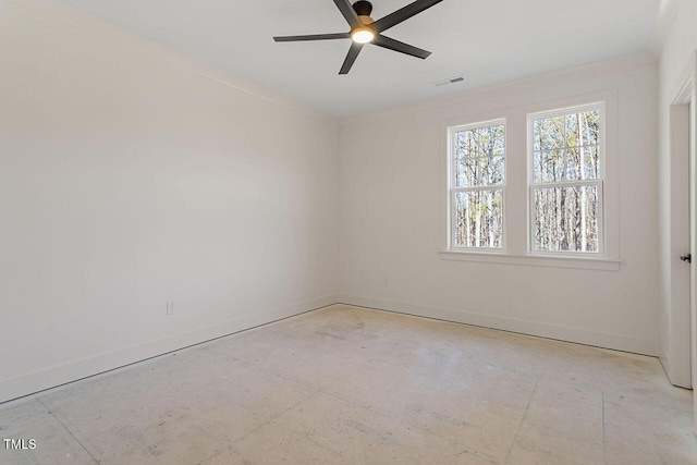 empty room with ceiling fan and ornamental molding