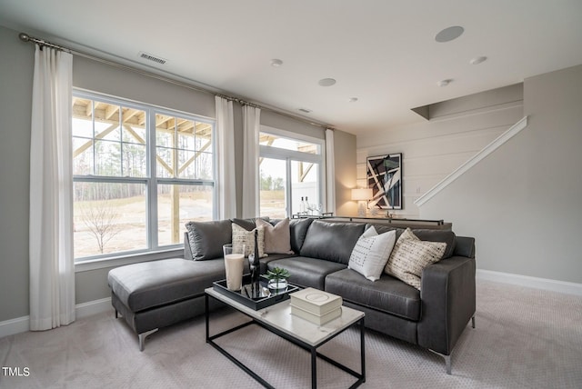 living room with light carpet