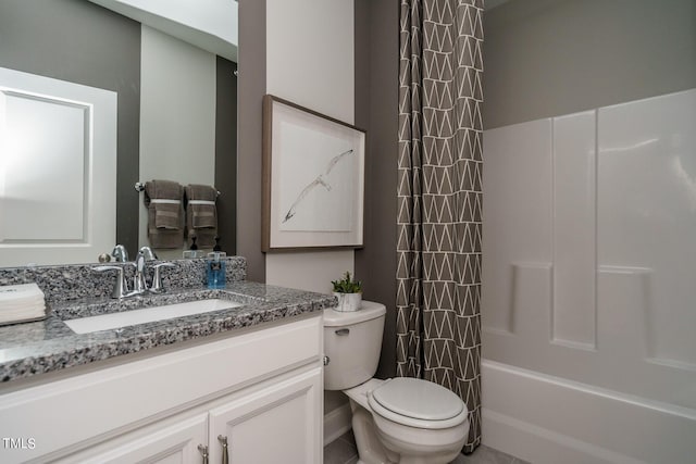 full bathroom with vanity, toilet, and shower / bathtub combination with curtain