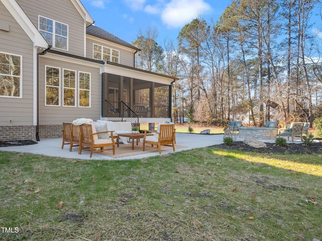 view of yard with an outdoor living space, a patio area, and a sunroom