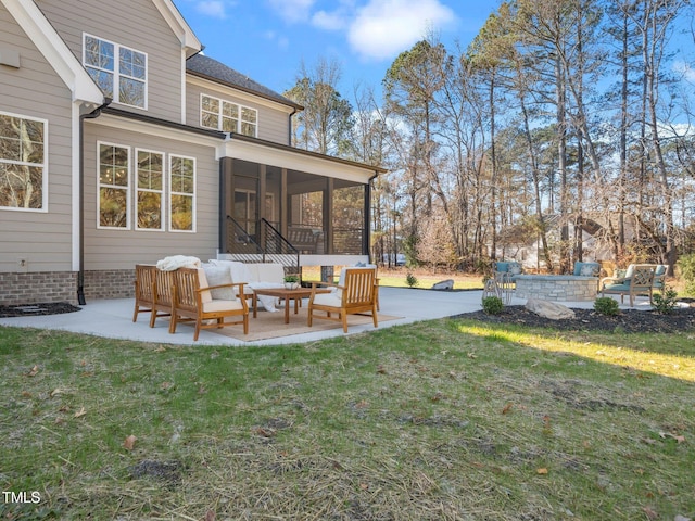 145 Wiggins Rd, Louisburg, NC 27549 - view of grassy yard with a sunroom, a patio, and an outdoor hangout area