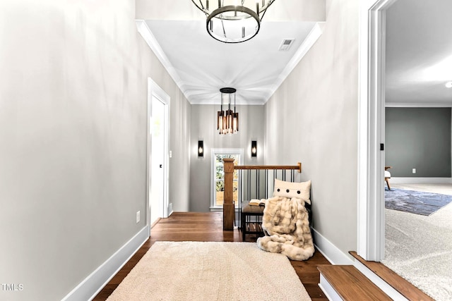 corridor with a chandelier, dark hardwood / wood-style flooring, and crown molding