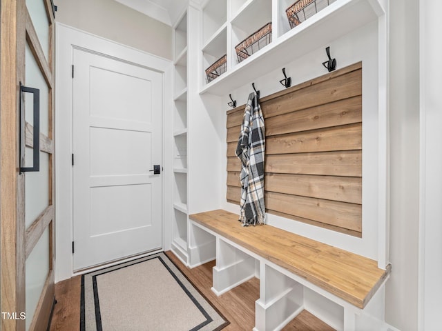 mudroom with hardwood / wood-style flooring