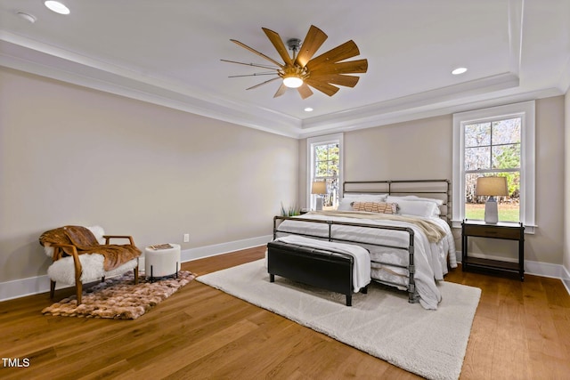 bedroom with a tray ceiling, multiple windows, and ceiling fan