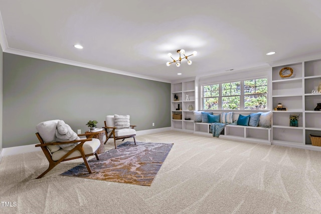 145 Wiggins Rd, Louisburg, NC 27549 - sitting room with ornamental molding, light carpet, built in features, a chandelier, and recessed lighting