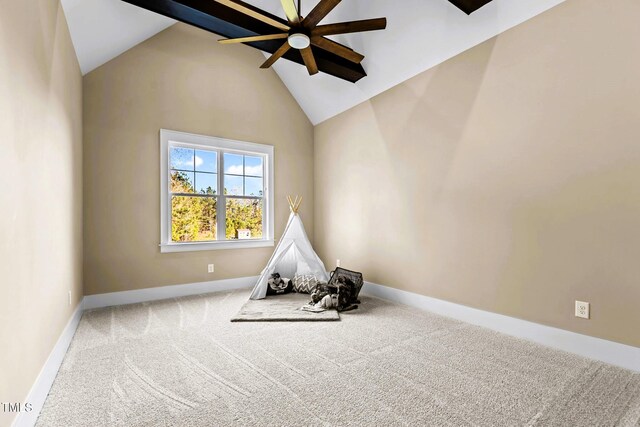 145 Wiggins Rd, Louisburg, NC 27549 - exercise room with ceiling fan, carpet flooring, and high vaulted ceiling