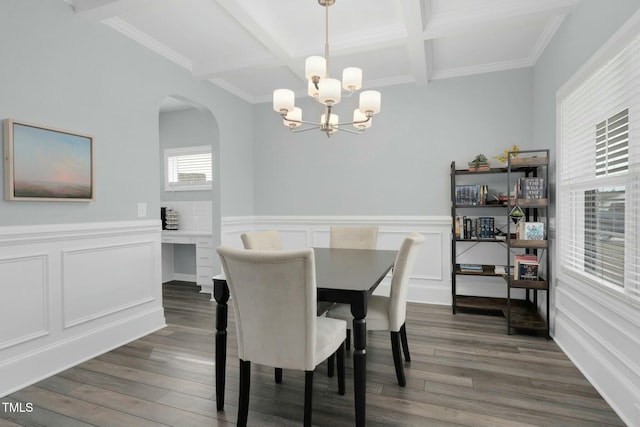 dining room featuring beamed ceiling, a notable chandelier, dark wood-type flooring, and coffered ceiling