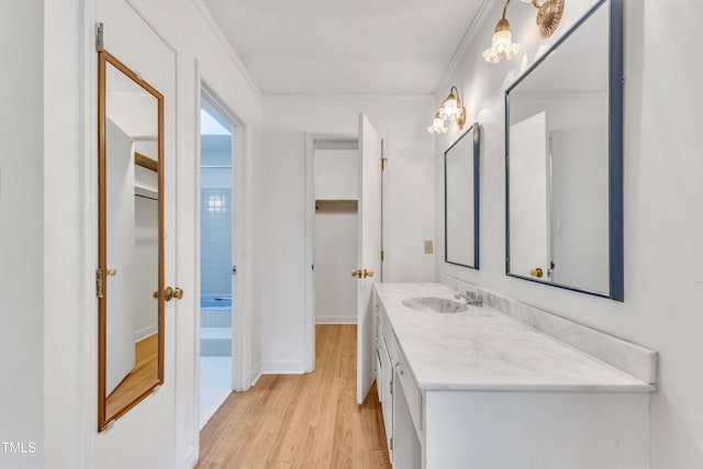 bathroom with hardwood / wood-style floors, vanity, ornamental molding, and a textured ceiling