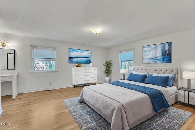 bedroom featuring wood-type flooring and multiple windows