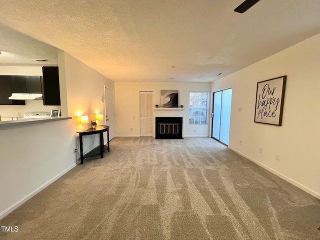 unfurnished living room featuring light carpet and a textured ceiling