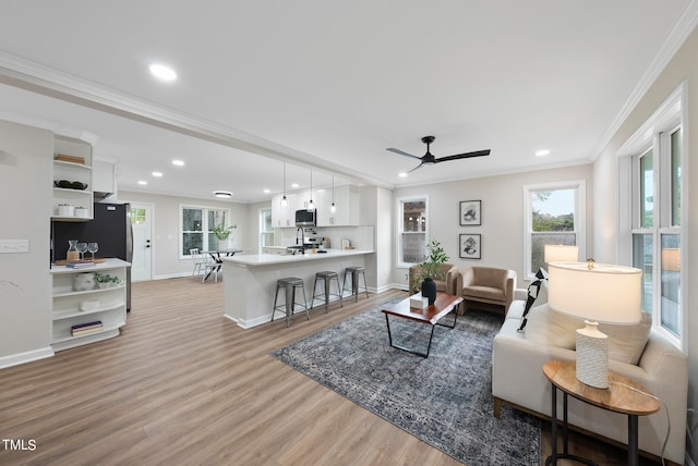 living room with ceiling fan, light hardwood / wood-style floors, and ornamental molding