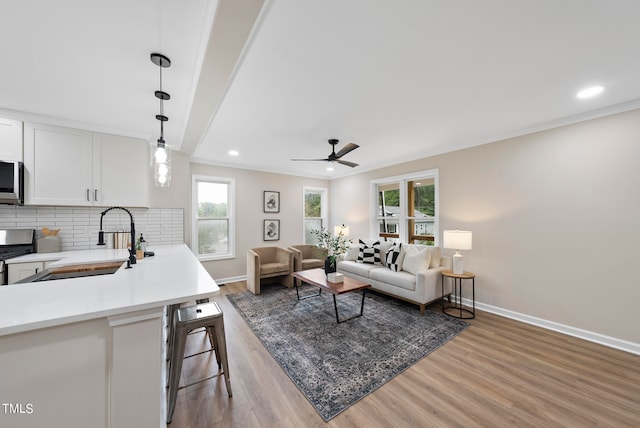 living room featuring hardwood / wood-style floors, ceiling fan, ornamental molding, and sink