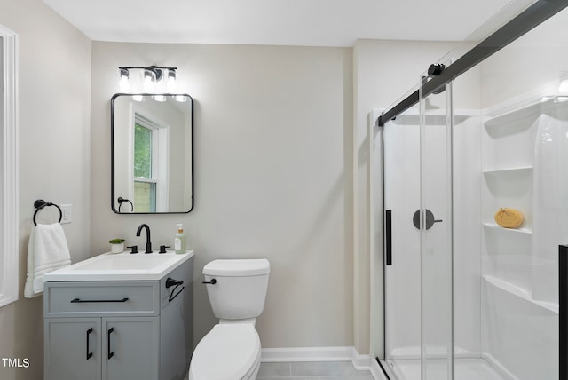 bathroom with tile patterned flooring, vanity, an enclosed shower, and toilet