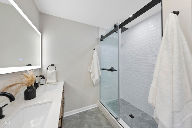 bathroom featuring tile patterned flooring, vanity, and an enclosed shower