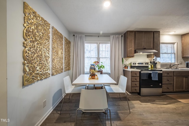 kitchen featuring a textured ceiling, dark hardwood / wood-style floors, a wealth of natural light, and stainless steel electric range