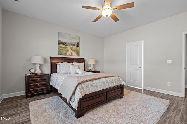 bedroom with ceiling fan and dark wood-type flooring