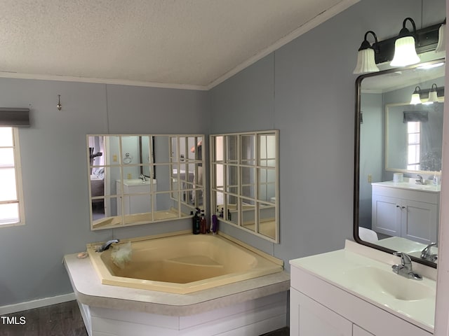 bathroom with vanity, a washtub, ornamental molding, a textured ceiling, and wood-type flooring