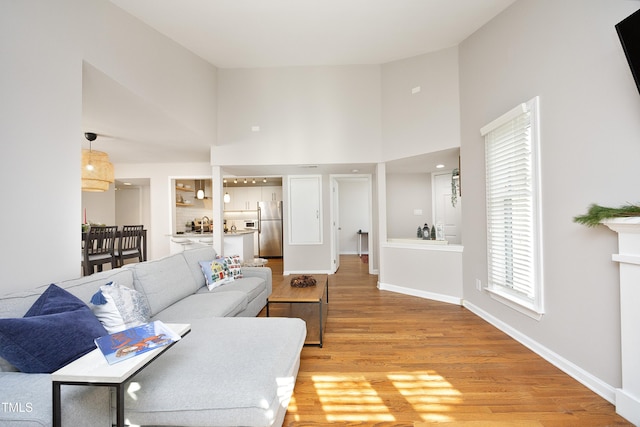 living room featuring light hardwood / wood-style flooring and a towering ceiling