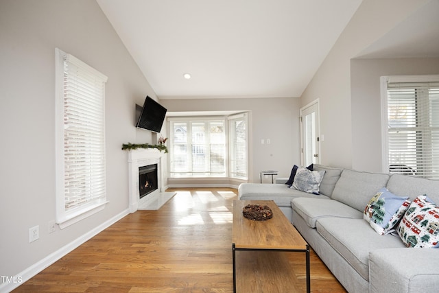 living room with light hardwood / wood-style floors, lofted ceiling, and a wealth of natural light