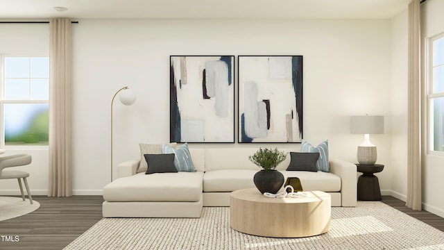 living room with hardwood / wood-style flooring and a wealth of natural light