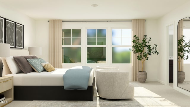 bedroom with light colored carpet