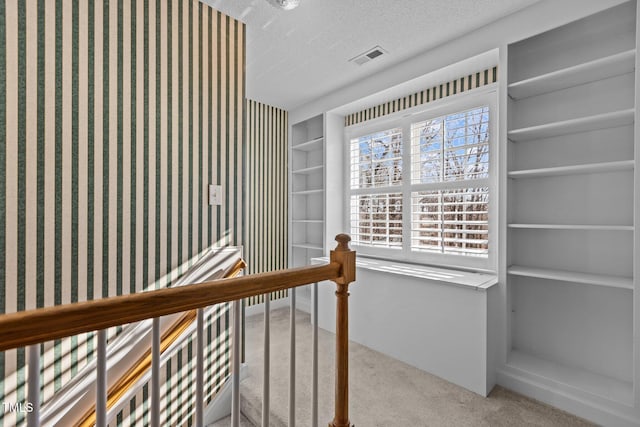 hall featuring light carpet, a healthy amount of sunlight, and a textured ceiling