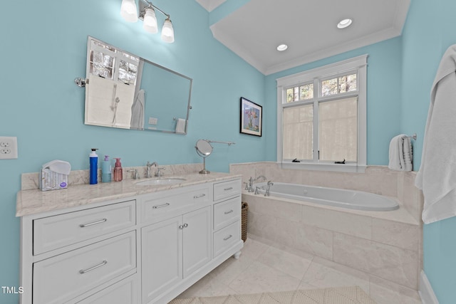 bathroom with vanity, ornamental molding, tiled bath, and tile patterned floors