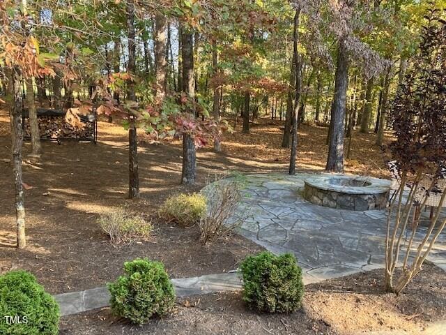 view of yard with an outdoor fire pit and a patio