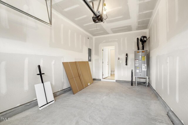 garage with electric panel, a garage door opener, and electric water heater