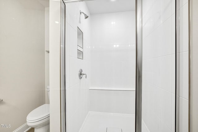 bathroom featuring a stall shower and toilet