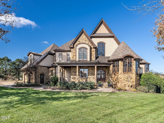 french provincial home with covered porch and a front yard