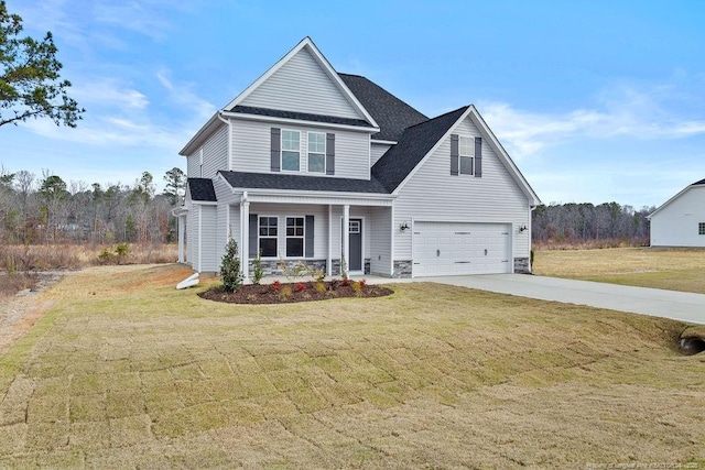 view of front facade with a porch, a garage, a shingled roof, concrete driveway, and a front lawn