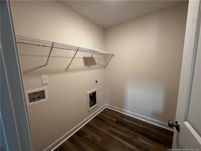 washroom with laundry area, dark wood-type flooring, washer hookup, baseboards, and electric dryer hookup