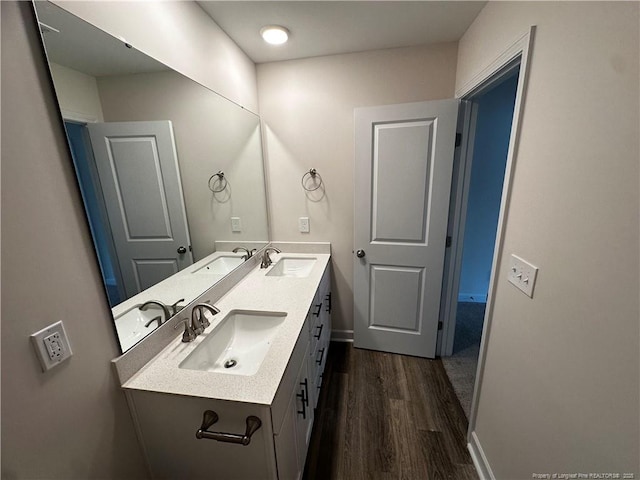 bathroom with double vanity, wood finished floors, and a sink