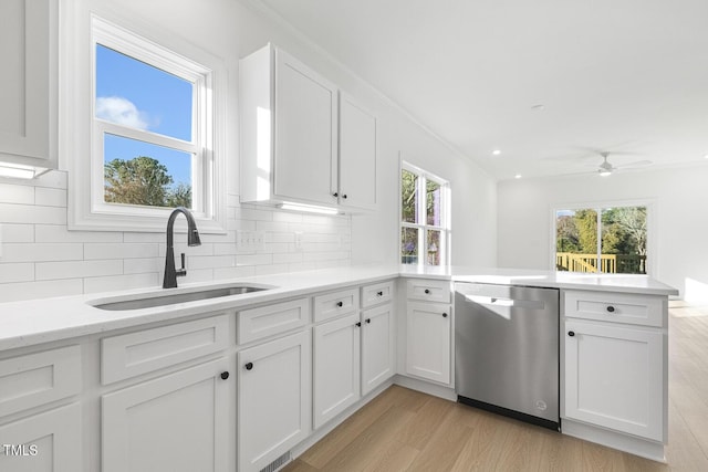 kitchen featuring white cabinets, light hardwood / wood-style flooring, stainless steel dishwasher, and sink